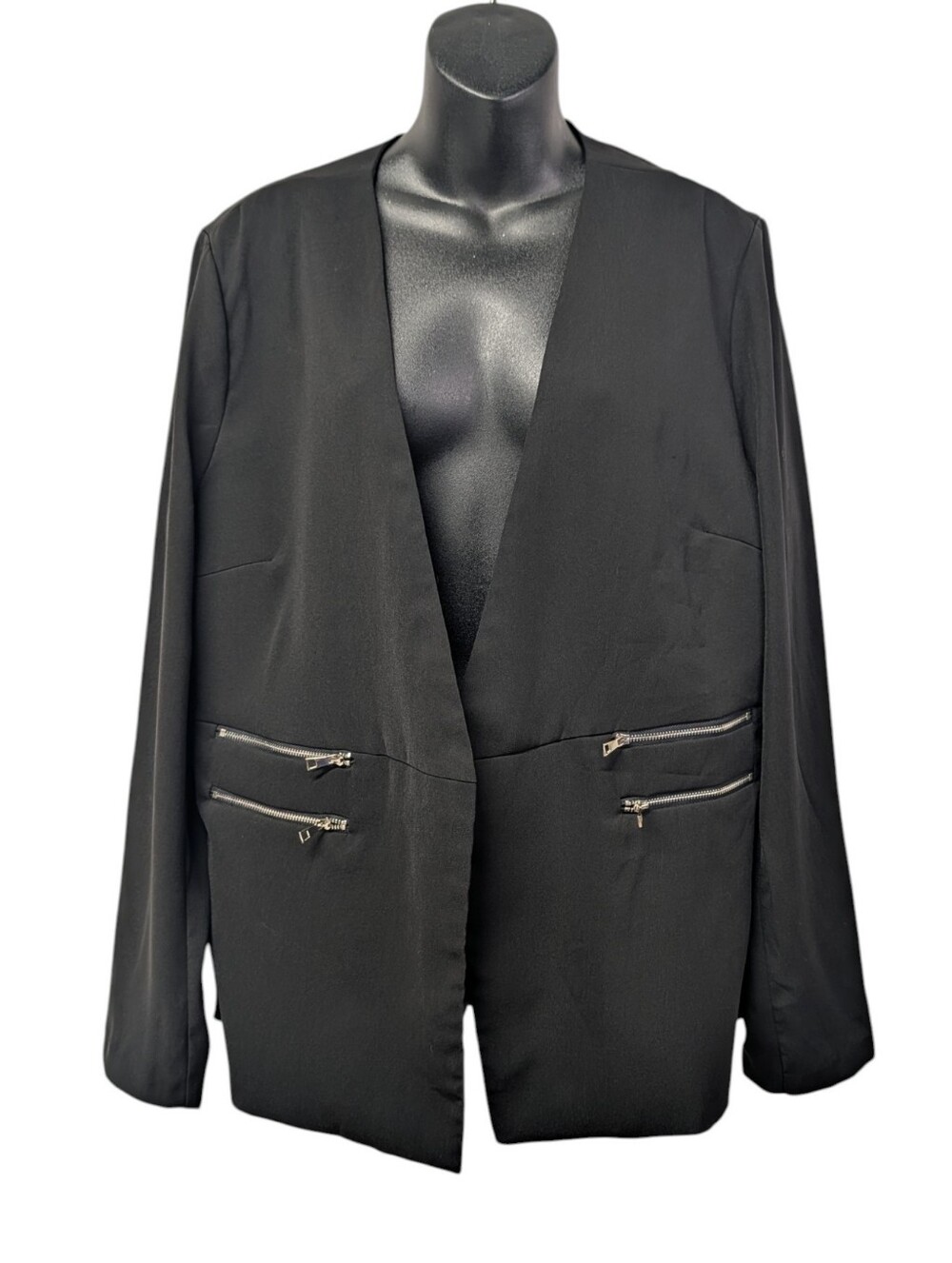 Doe & Rae Womens Black Open Front Lined Jacket Size L Zipper Pocket Details NWT